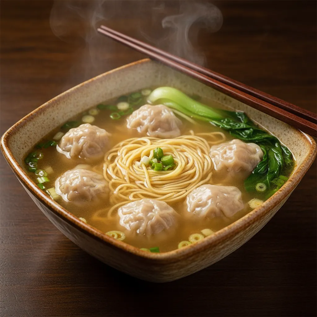 Wonton soep met verse noedels en dumplings in goudgele bouillon