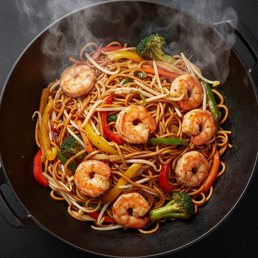 Verse wok-noodles met garnalen en groenten uit onze keuken