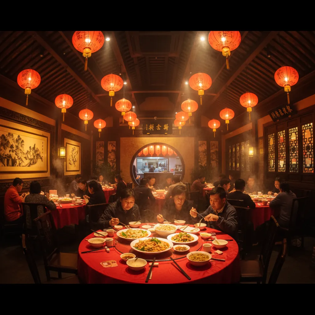 Sfeervolle Chinese restaurantzaal met rode lantaarns en stoomende gerechten